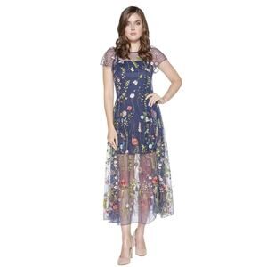 Eva by Eva Franco Erika Dress Navy Embroidered Floral size 12